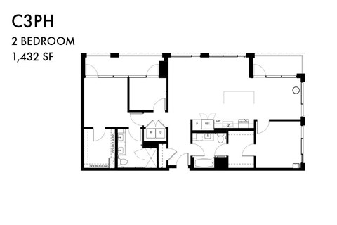A black and white image of a floor plan for a 2 bedroom apartment.